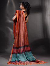 Load image into Gallery viewer, Brown Cotton Handwoven Saree With Stripe Design