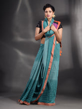 Load image into Gallery viewer, Teal Cotton Handwoven Saree With Stripe Design