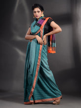 Load image into Gallery viewer, Teal Cotton Handwoven Saree With Stripe Design