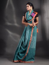 Load image into Gallery viewer, Teal Cotton Handwoven Saree With Stripe Design