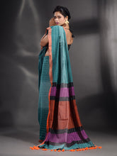 Load image into Gallery viewer, Teal Cotton Handwoven Saree With Stripe Design