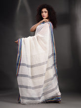 Load image into Gallery viewer, White Cotton Handspun Handwoven Saree With Multicolor Border