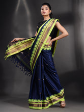 Load image into Gallery viewer, Navy Blue Silk Handwoven Soft Saree With Geometric Border