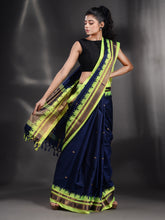 Load image into Gallery viewer, Navy Blue Silk Handwoven Soft Saree With Geometric Border