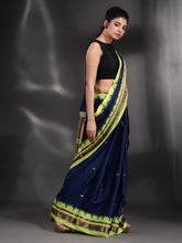 Load image into Gallery viewer, Navy Blue Silk Handwoven Soft Saree With Geometric Border