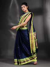 Load image into Gallery viewer, Navy Blue Silk Handwoven Soft Saree With Geometric Border
