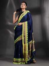Load image into Gallery viewer, Navy Blue Silk Handwoven Soft Saree With Geometric Border
