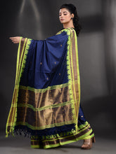 Load image into Gallery viewer, Navy Blue Silk Handwoven Soft Saree With Geometric Border