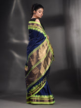 Load image into Gallery viewer, Navy Blue Silk Handwoven Soft Saree With Geometric Border