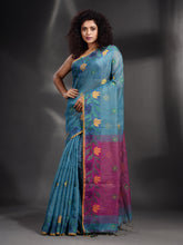 Load image into Gallery viewer, Teal Tissue Handwoven Soft Saree With Nakshi Border