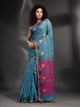 Load image into Gallery viewer, Teal Tissue Handwoven Soft Saree With Nakshi Border