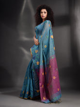 Load image into Gallery viewer, Teal Tissue Handwoven Soft Saree With Nakshi Border