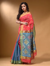 Load image into Gallery viewer, Rough Pink And Sky Blue Cotton Blend Handwoven Patli Pallu Saree With Texture Design