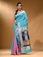 Load image into Gallery viewer, Sky Blue And Lavender Cotton Blend Handwoven Patli Pallu Saree With Floral And Paisley Motifs