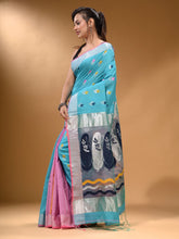 Load image into Gallery viewer, Sky Blue And Lavender Cotton Blend Handwoven Patli Pallu Saree With Floral And Paisley Motifs