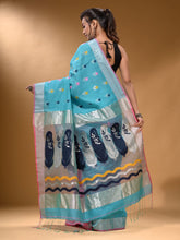 Load image into Gallery viewer, Sky Blue And Lavender Cotton Blend Handwoven Patli Pallu Saree With Floral And Paisley Motifs