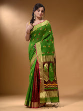 Load image into Gallery viewer, Parrot Green And Brick Red Cotton Blend Handwoven Patli Pallu Saree With Floral And Paisley Motifs
