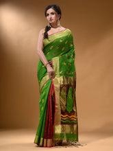 Load image into Gallery viewer, Parrot Green And Brick Red Cotton Blend Handwoven Patli Pallu Saree With Floral And Paisley Motifs