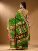 Load image into Gallery viewer, Parrot Green And Brick Red Cotton Blend Handwoven Patli Pallu Saree With Floral And Paisley Motifs