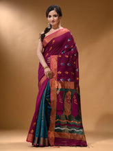 Load image into Gallery viewer, Magenta And Teal Cotton Blend Handwoven Patli Pallu Saree With Floral And Paisley Motifs