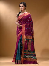 Load image into Gallery viewer, Magenta And Teal Cotton Blend Handwoven Patli Pallu Saree With Floral And Paisley Motifs