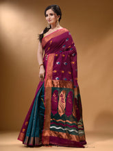 Load image into Gallery viewer, Magenta And Teal Cotton Blend Handwoven Patli Pallu Saree With Floral And Paisley Motifs