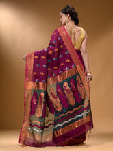 Load image into Gallery viewer, Magenta And Teal Cotton Blend Handwoven Patli Pallu Saree With Floral And Paisley Motifs