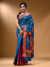 Load image into Gallery viewer, Sapphire Blue And Magenta Cotton Blend Handwoven Patli Pallu Saree With Floral And Paisley Motifs