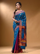 Load image into Gallery viewer, Sapphire Blue And Magenta Cotton Blend Handwoven Patli Pallu Saree With Floral And Paisley Motifs