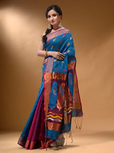 Load image into Gallery viewer, Sapphire Blue And Magenta Cotton Blend Handwoven Patli Pallu Saree With Floral And Paisley Motifs