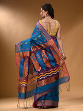 Load image into Gallery viewer, Sapphire Blue And Magenta Cotton Blend Handwoven Patli Pallu Saree With Floral And Paisley Motifs