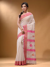 Load image into Gallery viewer, White Cotton Blend Handwoven Saree With Nakshi Design