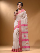 Load image into Gallery viewer, White Cotton Blend Handwoven Saree With Nakshi Design