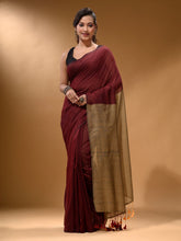 Load image into Gallery viewer, Maroon Cotton Handspun Soft Saree With Contrast Beige Pallu