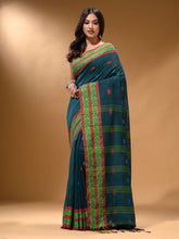 Load image into Gallery viewer, Teal Cotton Handspun Soft Saree With Nakshi Border