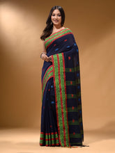 Load image into Gallery viewer, Navy Blue Cotton Handspun Soft Saree With Nakshi Border