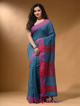 Load image into Gallery viewer, Olympic Blue Cotton Handspun Soft Saree With Pompom