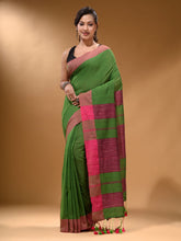 Load image into Gallery viewer, Green Cotton Handspun Soft Saree With Pompom
