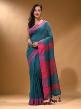 Load image into Gallery viewer, Teal Cotton Handspun Soft Saree With Pompom