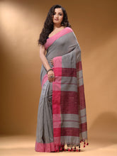 Load image into Gallery viewer, Grey Cotton Handspun Soft Saree With Pompom