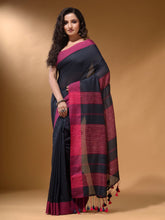 Load image into Gallery viewer, Charcoal Cotton Handspun Soft Saree With Pompom
