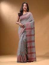 Load image into Gallery viewer, Grey Cotton Handspun Soft Saree With Geometric Border