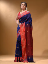 Load image into Gallery viewer, Blue Cotton Handspun Soft Saree With Nakshi Border And Contrast With Red Pallu