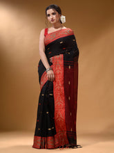 Load image into Gallery viewer, Black Cotton Handspun Soft Saree With Nakshi Border And Contrast With Red Pallu