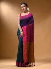 Load image into Gallery viewer, Teal Cotton Handspun Soft Saree With Contrast Multicolor Pallu