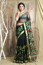 Load image into Gallery viewer, Black Muslin Handwoven Soft Saree With Sequen Work & Zari Border
