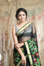 Load image into Gallery viewer, Black Muslin Handwoven Soft Saree With Sequen Work & Zari Border