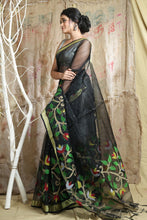 Load image into Gallery viewer, Black Muslin Handwoven Soft Saree With Sequen Work & Zari Border
