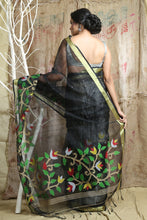 Load image into Gallery viewer, Black Muslin Handwoven Soft Saree With Sequen Work & Zari Border