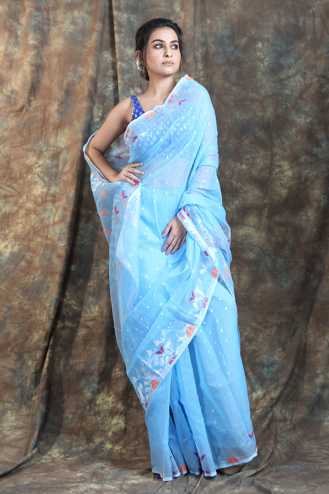 Arctic Blue Weaving Jamdani Saree with Floral Pallu